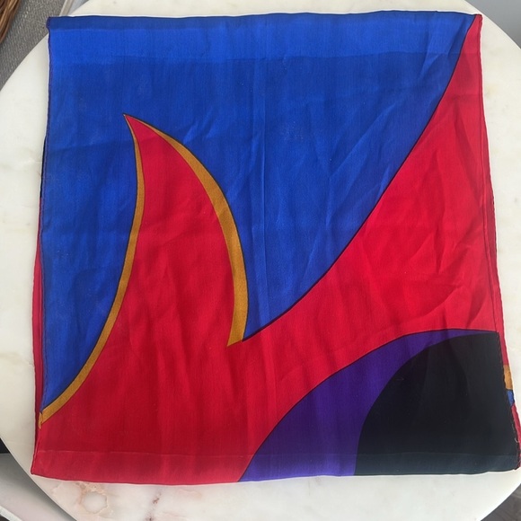 Ginnie Johansen Geometric Modern Art Bold Silk Scarf Red Blue Gold - Picture 9 of 10